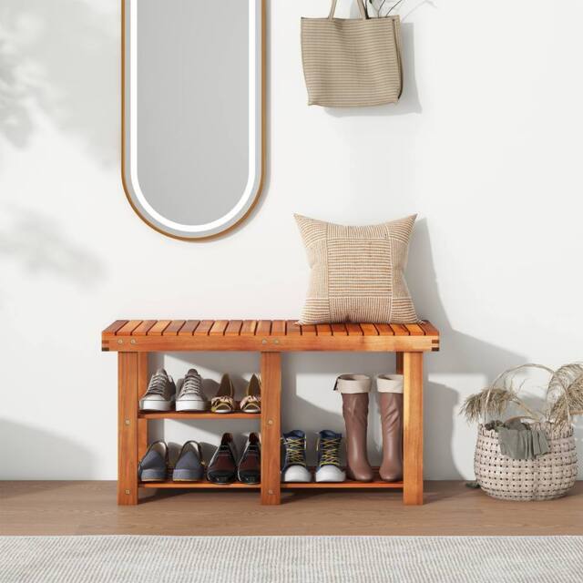 Costway Acacia Wood Shoe Rack Bench 3-Tier Shoe Organizer 87x28x45cm in Brown - Size: 87 x 28 x 45 cm - image 1