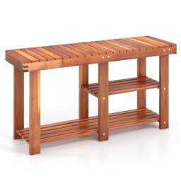 Costway Acacia Wood Shoe Rack Bench 3-Tier Shoe Organizer 87x28x45cm in Brown - Size: 87 x 28 x 45 cm - thumbnail 3