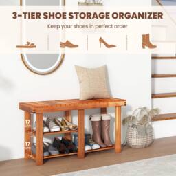 Costway Acacia Wood Shoe Rack Bench 3-Tier Shoe Organizer 87x28x45cm in Brown - Size: 87 x 28 x 45 cm - thumbnail 5