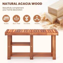 Costway Acacia Wood Shoe Rack Bench 3-Tier Shoe Organizer 87x28x45cm in Brown - Size: 87 x 28 x 45 cm - thumbnail 4