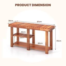 Costway Acacia Wood Shoe Rack Bench 3-Tier Shoe Organizer 87x28x45cm in Brown - Size: 87 x 28 x 45 cm - thumbnail 2