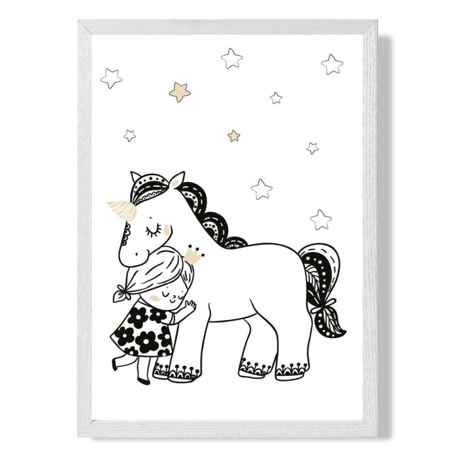 ARTZE Scandi Princess Little Hugging Unicorn Framed Print SIZE: A3 with White Frame in Black - Size: A4 - image 1