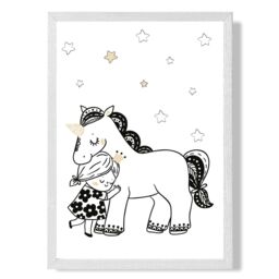 ARTZE Scandi Princess Little Hugging Unicorn Framed Print SIZE: A3 with White Frame in Black - Size: A4 - thumbnail 1