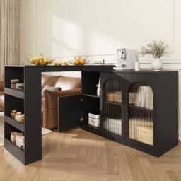 Merax Versatile 360° Rotating Breakfast Bar Table with Storage Cabinet in Black - thumbnail 1