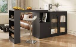 Merax Versatile 360° Rotating Breakfast Bar Table with Storage Cabinet in Black - thumbnail 7