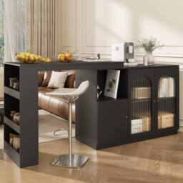 Merax Versatile 360° Rotating Breakfast Bar Table with Storage Cabinet in Black - thumbnail 2