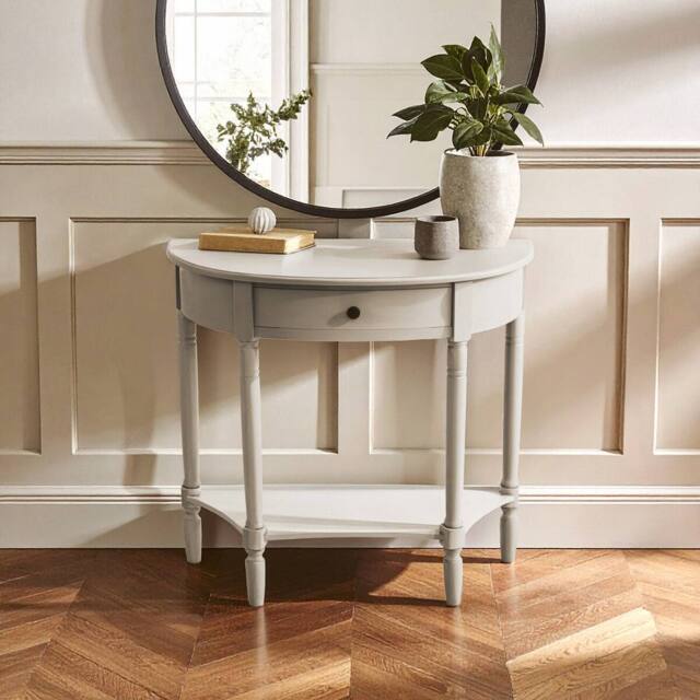 Orsina Rounded Console Table With One Rectangular Drawer for Hallway, Pine Wood Wood Table for Home & Office Décor in Light Grey - image 1