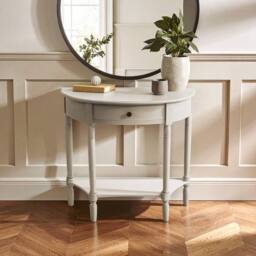 Orsina Rounded Console Table With One Rectangular Drawer for Hallway, Pine Wood Wood Table for Home & Office Décor in Light Grey - thumbnail 1