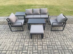 Fimous Aluminium Outdoor Furniture Set 6 Seater Garden Sofa with Oblong Coffee Table Big Footstool 2 Armchairs Side Table Dark Grey - thumbnail 2