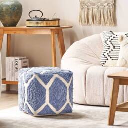 Wyld and Coco Cotton Pouffe Beige and Blue - Square Geometric Knitted Seat