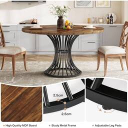EONLION Round Dining Table for 4-6 Seater, Industrial Kitchen Table in Brown - Size: 100 cm - thumbnail 3