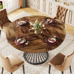 EONLION Round Dining Table for 4-6 Seater, Industrial Kitchen Table in Brown - Size: 100 cm - thumbnail 5