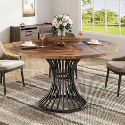 EONLION Round Dining Table for 4-6 Seater, Industrial Kitchen Table in Brown - Size: 100 cm