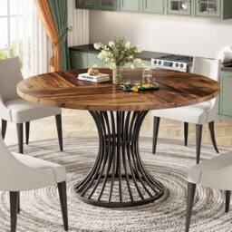 EONLION Round Dining Table for 4-6 Seater, Industrial Kitchen Table in Brown - Size: 100 cm - thumbnail 4