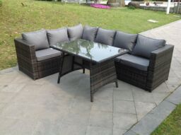 Fimous 6 Seater Grey Rattan Corner Sofa Set Dining Table Foot Rest Garden Furniture Outdoor in Dark Grey - thumbnail 2