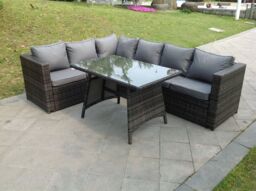 Fimous 6 Seater Grey Rattan Corner Sofa Set Dining Table Foot Rest Garden Furniture Outdoor in Dark Grey - thumbnail 4