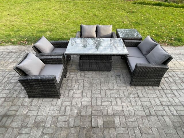 Fimous Rattan Garden Furniture Sets 6 Seater Patio Outdoor Rising Lifting Table Sofa Set with Double Seat Sofa Side Table in Dark Grey
