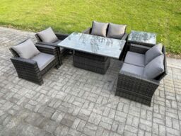 Fimous Rattan Garden Furniture Sets 6 Seater Patio Outdoor Rising Lifting Table Sofa Set with Double Seat Sofa Side Table in Dark Grey - thumbnail 2