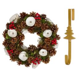 Dibor 36cm White Berries & Roses Christmas Wreath with Tree Wreath Hanger in Red - thumbnail 1