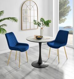 FurnitureboxUK Elina White Marble Effect Scratch Resistant Dining Table & 2 Pesaro Gold Leg Velvet Chairs in Navy