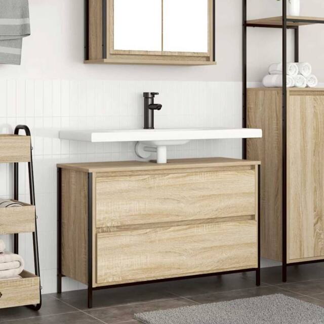 Berkfield Home Bathroom Basin Cabinet with Drawers Sonoma Oak 90x34.5x60 cm in Brown - image 1