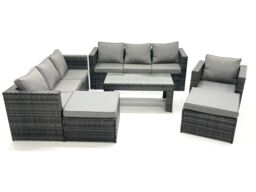 Fimous 9 Seater Rattan Garden Outdoor Furniture Set with 3 Seater Sofa Coffee Table 2 Big Footstool in Dark Grey - thumbnail 1