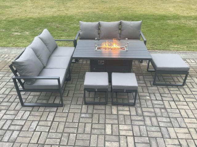 Fimous Aluminium Outdoor Lounge Sofa Garden Furniture Sets Gas Fire Pit Dining Table Set with 3 Footstools Dark Grey - image 1
