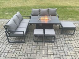 Fimous Aluminium Outdoor Lounge Sofa Garden Furniture Sets Gas Fire Pit Dining Table Set with 3 Footstools Dark Grey - thumbnail 1