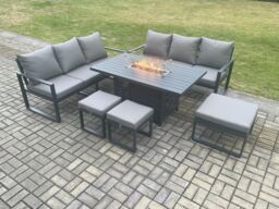 Fimous Aluminium Outdoor Lounge Sofa Garden Furniture Sets Gas Fire Pit Dining Table Set with 3 Footstools Dark Grey - thumbnail 2