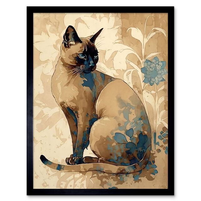 "Artery8 Wall Art Print Tonkinese Cat with Blue Flower Modern Watercolour Art Framed in Black - Size: W12"" x H16""" - image 1