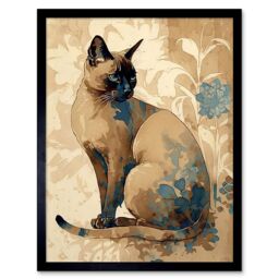 "Artery8 Wall Art Print Tonkinese Cat with Blue Flower Modern Watercolour Art Framed in Black - Size: W12"" x H16""" - thumbnail 1