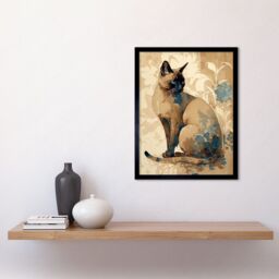 "Artery8 Wall Art Print Tonkinese Cat with Blue Flower Modern Watercolour Art Framed in Black - Size: W12"" x H16""" - thumbnail 2