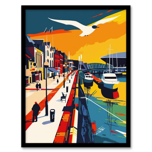 Artery8 Bright Colourful Cardiff Bay Artwork Bold Sunset Framed Art Print - Size: A4 - image 1