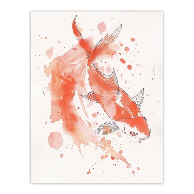 "Artery8 Japanese Koi Carp Fish Watercolour Drawing Wall Art Print in Orange - Size: W18"" x H24""" - image 1