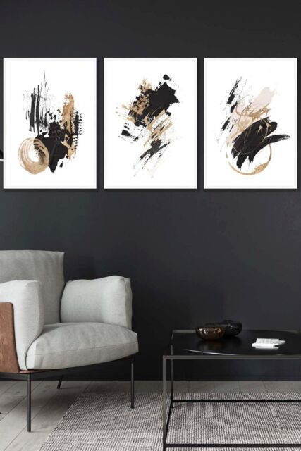 ARTZE Set of 3 White Framed Abstract Black Ivory & Gold Oil Strokes Wall Art - Size: W33 cm x H45 cm x D20mm - image 1