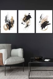ARTZE Set of 3 White Framed Abstract Black Ivory & Gold Oil Strokes Wall Art - Size: W33 cm x H45 cm x D20mm