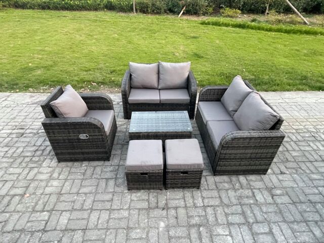 Fimous High Back Rattan Garden Furniture Set with Loveseat Sofa Rectangular Coffee Table 2 Small Footstools Indoor Outdoor Patio Lounge Sofa Set - image 1