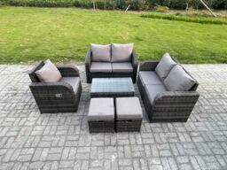 Fimous High Back Rattan Garden Furniture Set with Loveseat Sofa Rectangular Coffee Table 2 Small Footstools Indoor Outdoor Patio Lounge Sofa Set - thumbnail 1