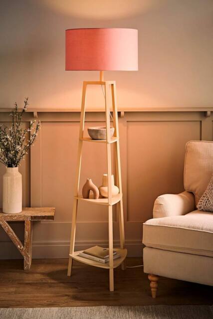 ValueLights Hiru Cream 3 Tier Wooden Shelf Floor Lamp with Drum Shade & Bulb in Pale Pink - image 1
