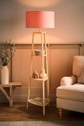 ValueLights Hiru Cream 3 Tier Wooden Shelf Floor Lamp with Drum Shade & Bulb in Pale Pink