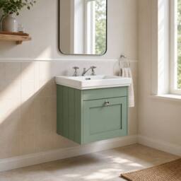 Balterley 500mm Wall Hung 1 Drawer Unit & Classic Basin 3 Tap Hole - Satin Green - thumbnail 4