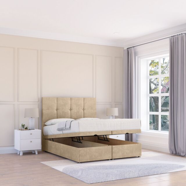 Sloomy Jasmine Coniston Fabric Ottoman Bed End Opening With Sprung Memory Mattress & 26 Inch strut Headboard in Cream - Size: King - image 1