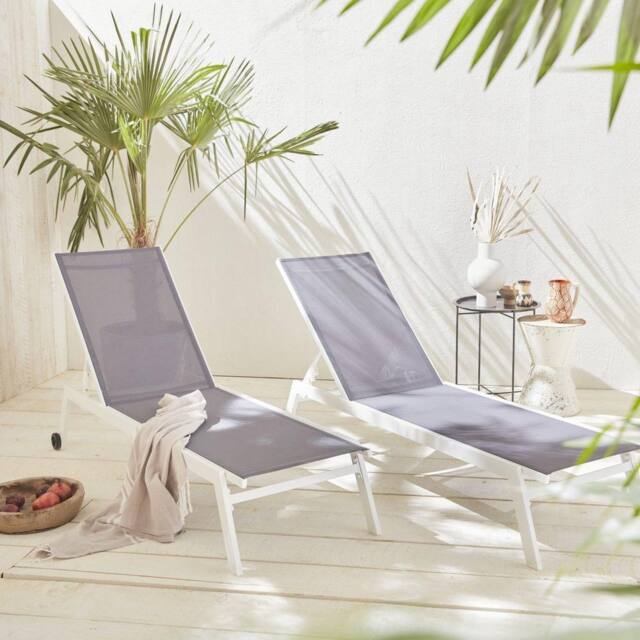 sweeek Set Of 2 Multi-position Aluminium Sun Loungers With Wheels in White - image 1