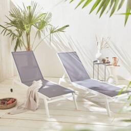 sweeek Set Of 2 Multi-position Aluminium Sun Loungers With Wheels in White - thumbnail 1