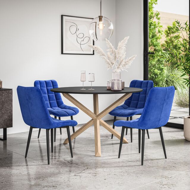 More4Homes Malvern Round Dining Table & Chairs - Black Table Top w Solid Oak Legs + Nova Velvet Dining Chair Set Of 4 in Blue - image 1