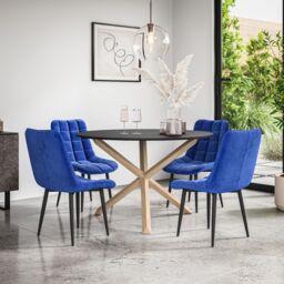 More4Homes Malvern Round Dining Table & Chairs - Black Table Top w Solid Oak Legs + Nova Velvet Dining Chair Set Of 4 in Blue - thumbnail 1