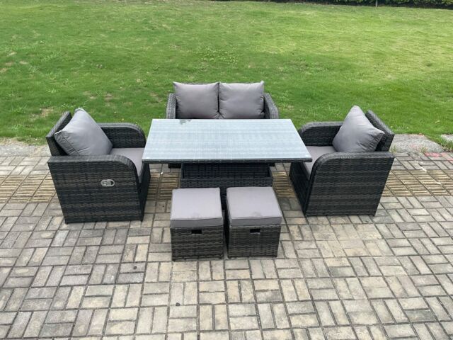 Fimous Wicker PE Rattan Furniture Garden Dining Set Outdoor Patio Height Adjustable Rising lifting Table Love Sofa With 2 Small Footstools - image 1