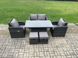Fimous Wicker PE Rattan Furniture Garden Dining Set Outdoor Patio Height Adjustable Rising lifting Table Love Sofa With 2 Small Footstools - thumbnail 1