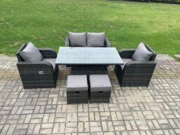 Fimous Wicker PE Rattan Furniture Garden Dining Set Outdoor Patio Height Adjustable Rising lifting Table Love Sofa With 2 Small Footstools - thumbnail 2