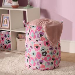 OHS Kids Leopard Print Laundry Basket Clothes Storage Toy Organiser in Pink